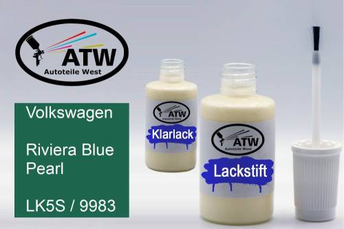 Volkswagen, Riviera Blue Pearl, LK5S / 9983: 20ml Lackstift + 20ml Klarlack - Set, von ATW Autoteile West.